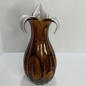 Handblown Vintage Tulip Vase Tiger Eye Brown Fluted White Contrast Home Decor